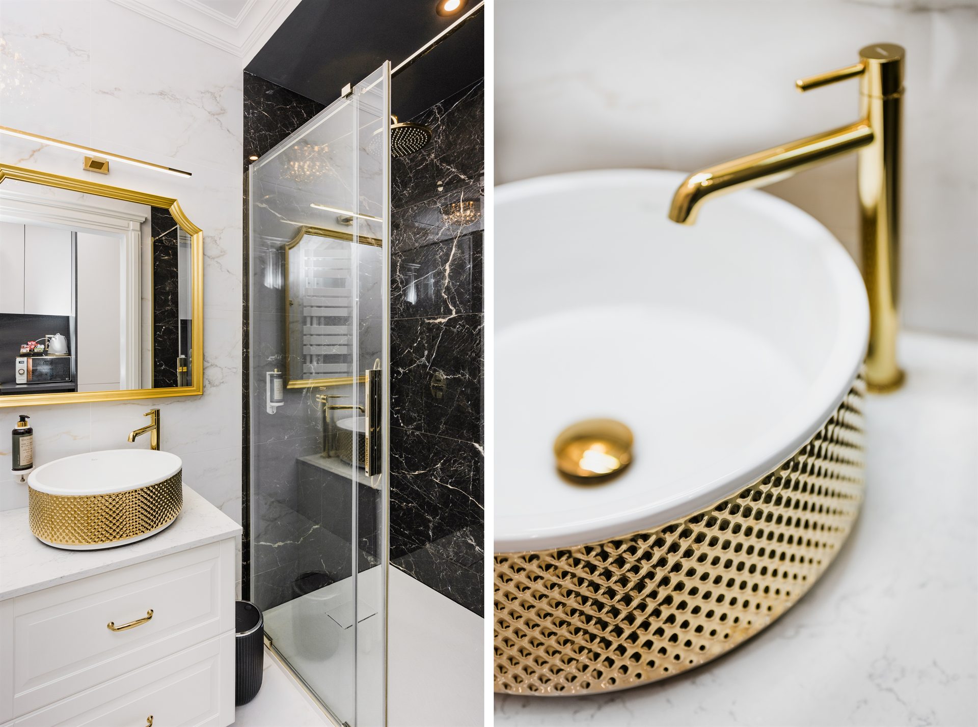 Luksusowa łazienka z czarnymi płytkami, złotymi detalami i umywalką.