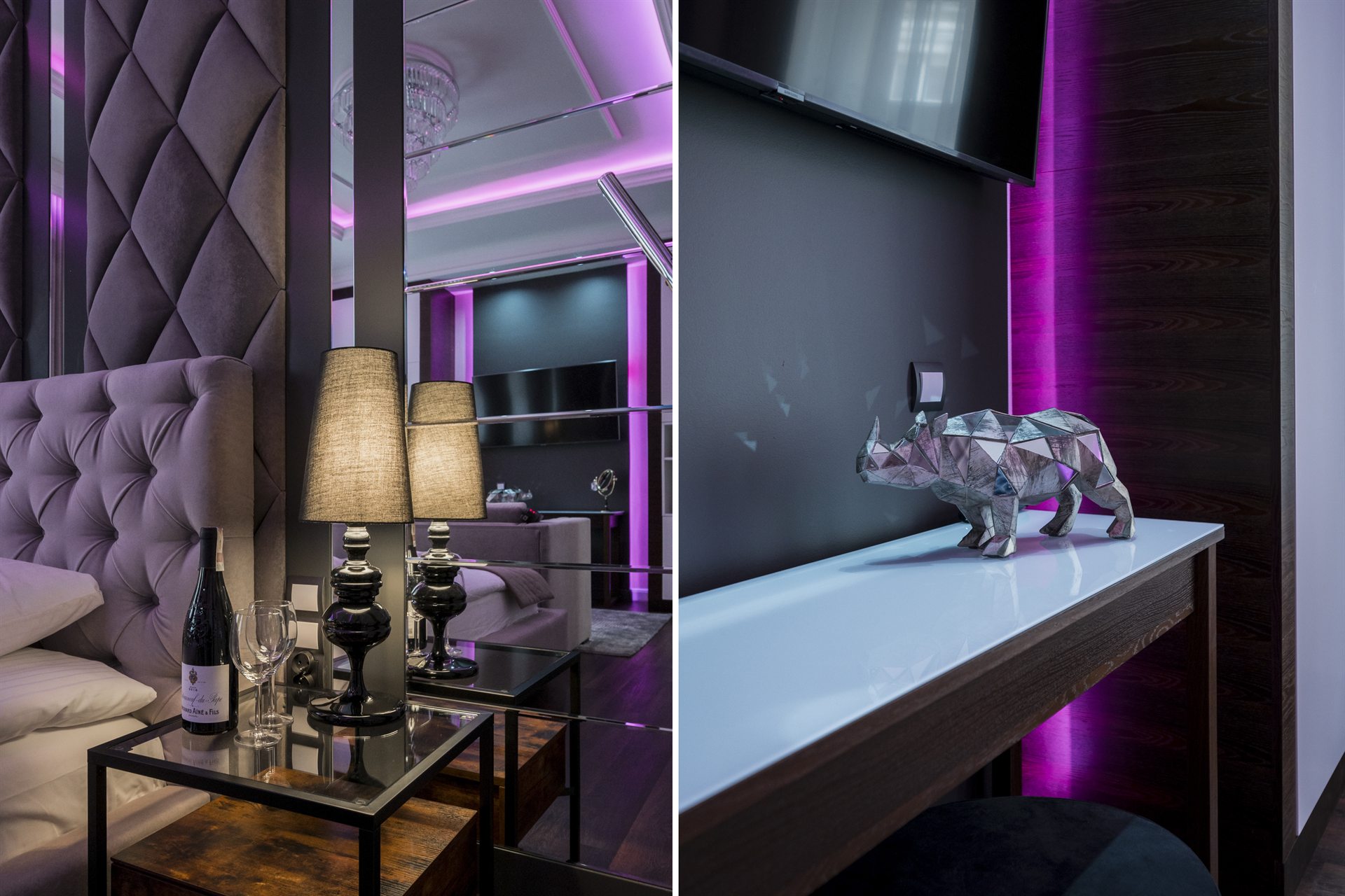 Stylowy pokój z eleganckim łóżkiem, lampą i nowoczesną figurką nosorożca