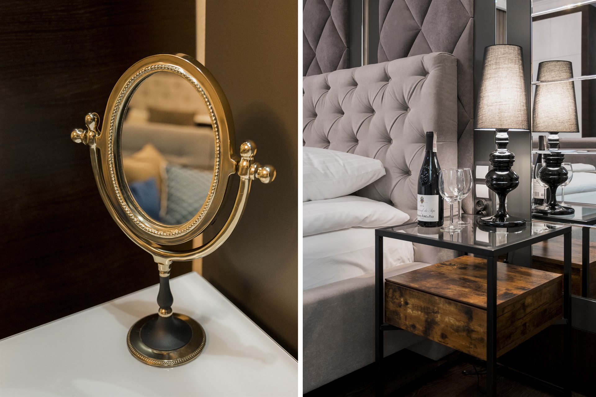 Lustro na toaletce oraz stół nocny z lampą i butelką wina