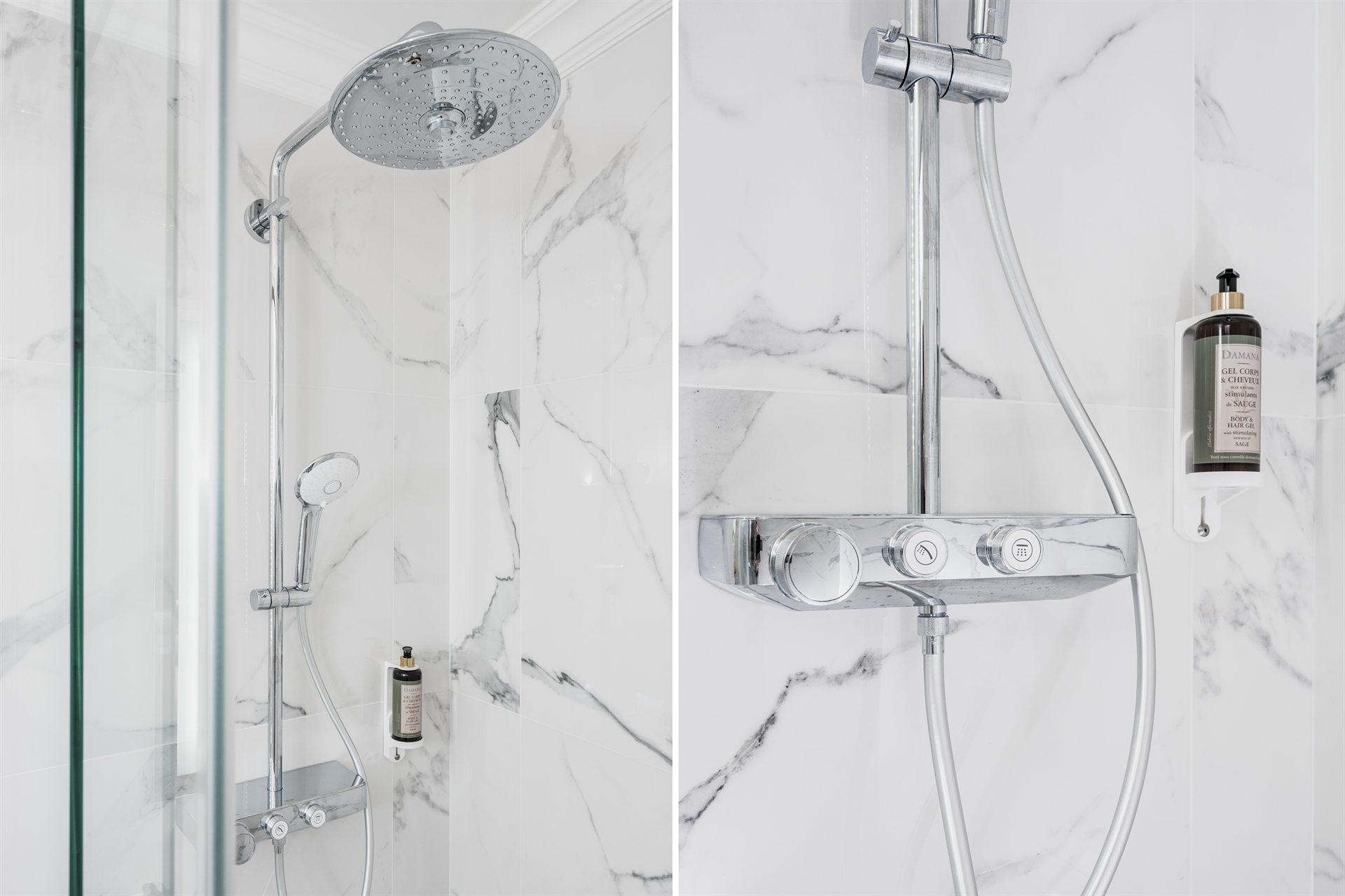 Nowoczesny prysznic z chromowanymi armaturami na marmurowej ścianie