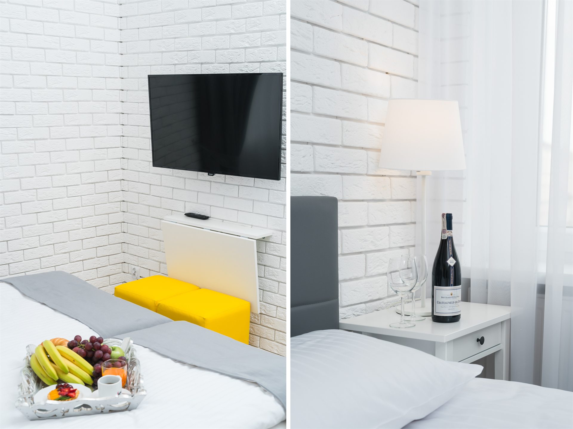 Nowoczesna sypialnia z telewizorem, lampą i owocami na stoliku