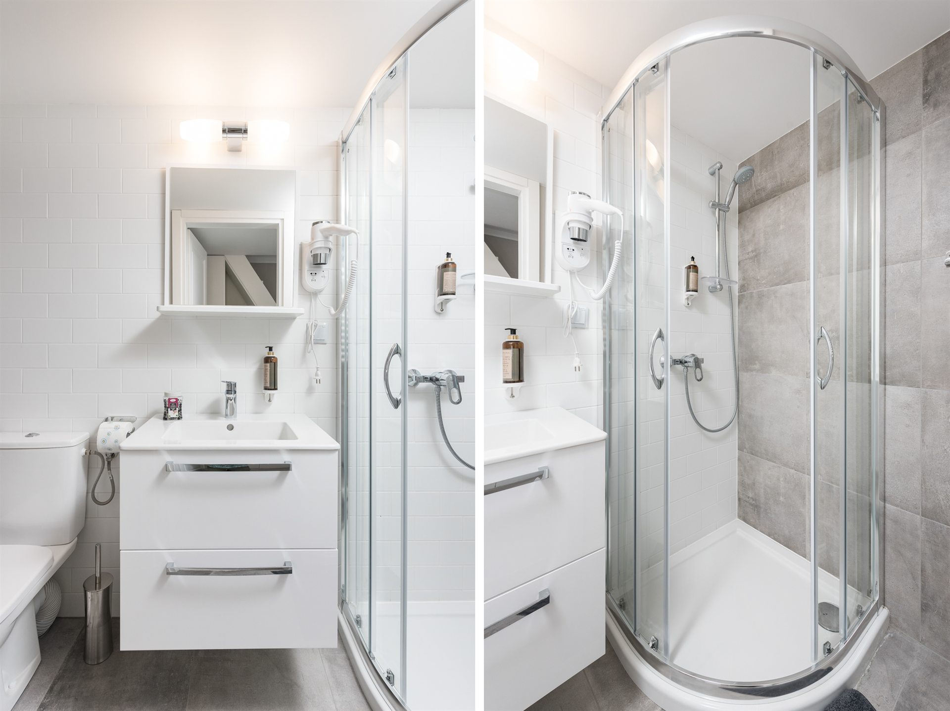 Nowoczesna łazienka z białymi płytkami, przeszkloną kabiną prysznicową i umywalką