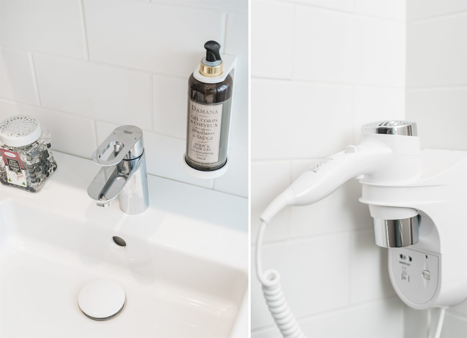 Chrome'owa bateria umywalkowa obok butelki żelu i suszarki do włosów