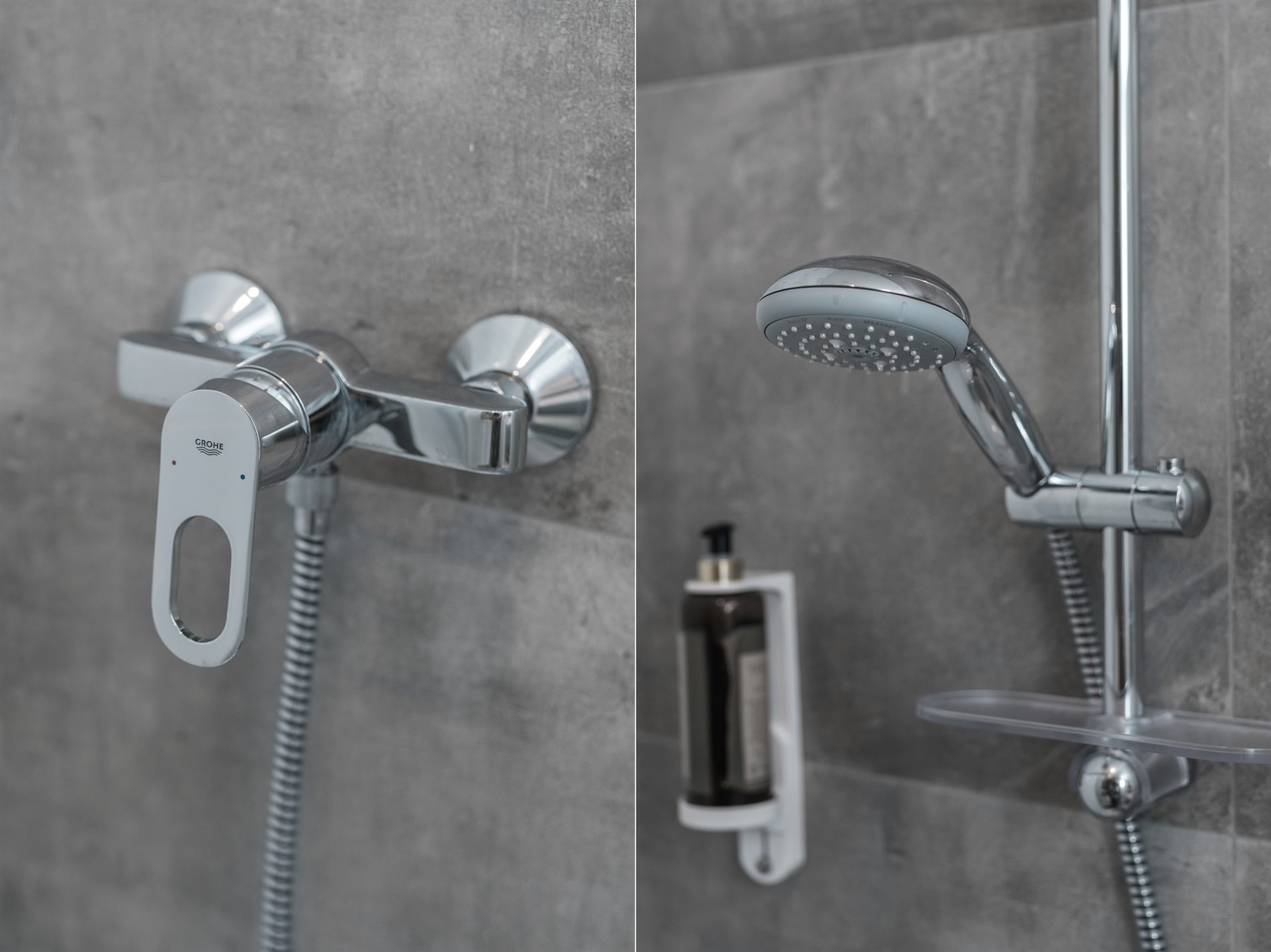 Chromowana bateria prysznicowa z deszczownicą na szarej ścianie